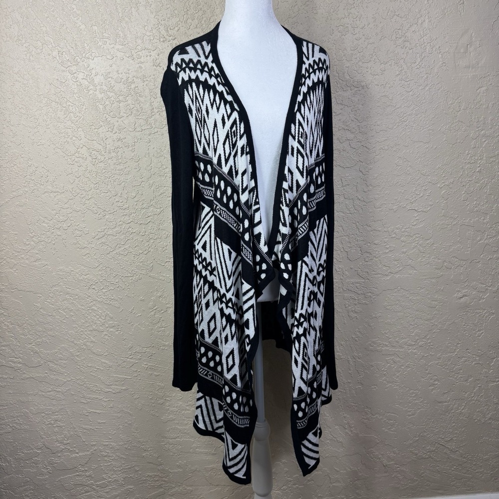 Faded Glory Open Wrap Cardigan Womens L Longline Tribal Boho Aztec Sweater B&W